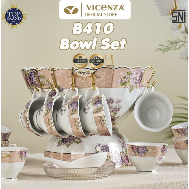 Perangkat mangkuk VICENZA B410 motif MAGNOLIA Wadah saji es buah dan sup, BOWL SET cangkir gelas ala