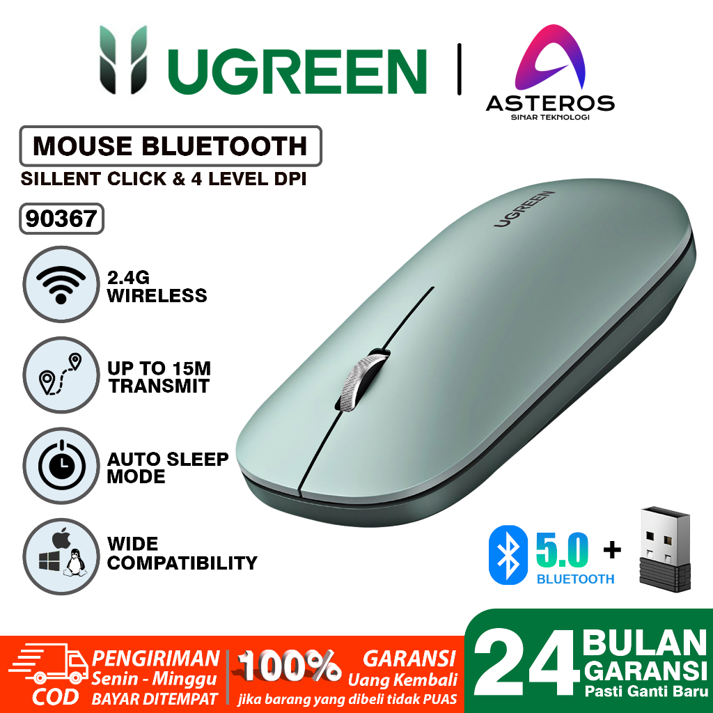 UGREEN Mouse Wireless Silent Klik Dual Koneksi Bluetooth + Dongle For Komputer Laptop Macbook-90367 NON BATERY GRN