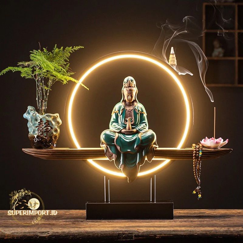 Superimport.id LED Feature Kwan Im Porcelain Guanyin Patung Buddha Keramik Cahaya Cincin Dekorasi Ru