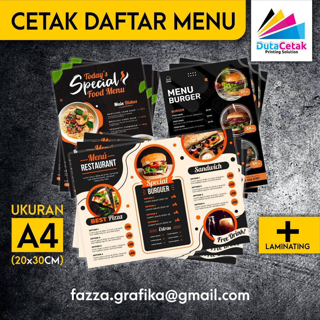 

Cetak Daftar Menu AP260 Toko / Restoran sudah + laminating anti air ukuran A4