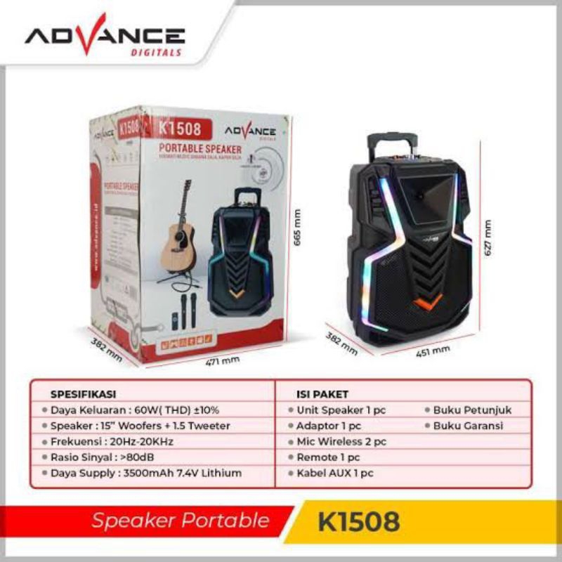 speaker portable 15 inch advance k1508