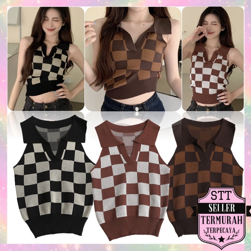 ART B69G STT Baju Crop Wanita Korean Diamond Kode 6859 Plaid Knit Vest Crop Top Rompi Rajut Korea V 