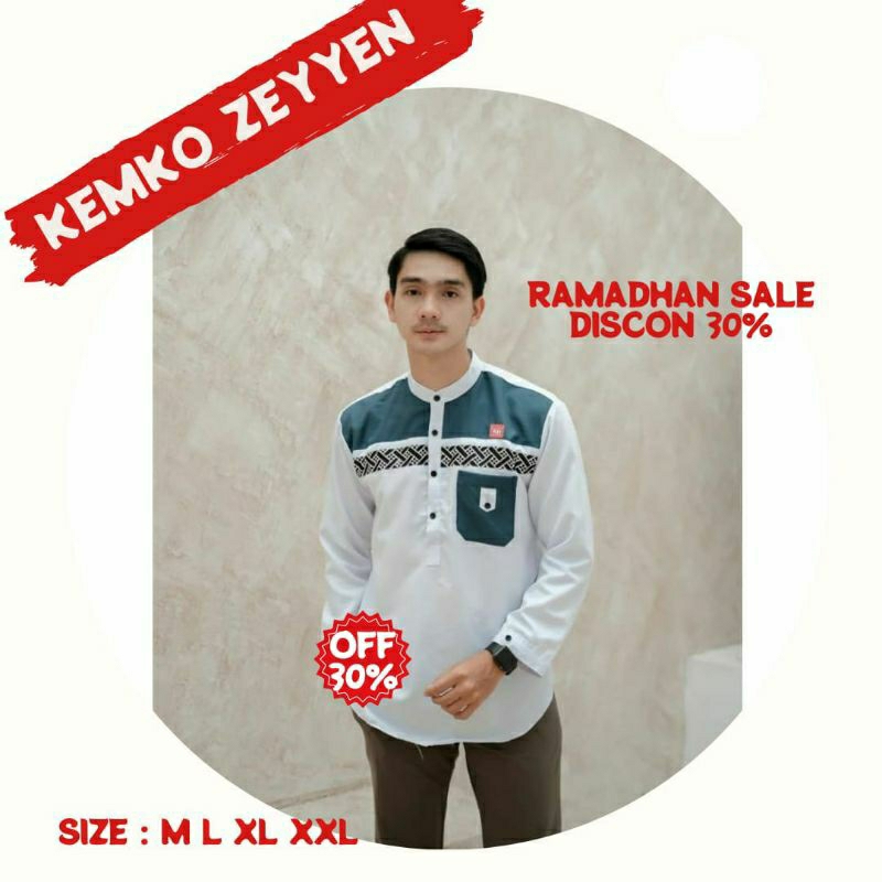 Kemeja Koko Pria / kemko Batik / Kemeja lengan panjang / baju koko pria - putih hijau