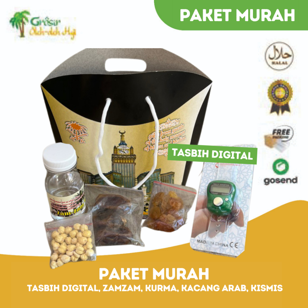 

Paket Dus Jinjing Oleh oleh Haji dan Umroh tasbih digital + zamzam + kurma + kacang arab + kismis