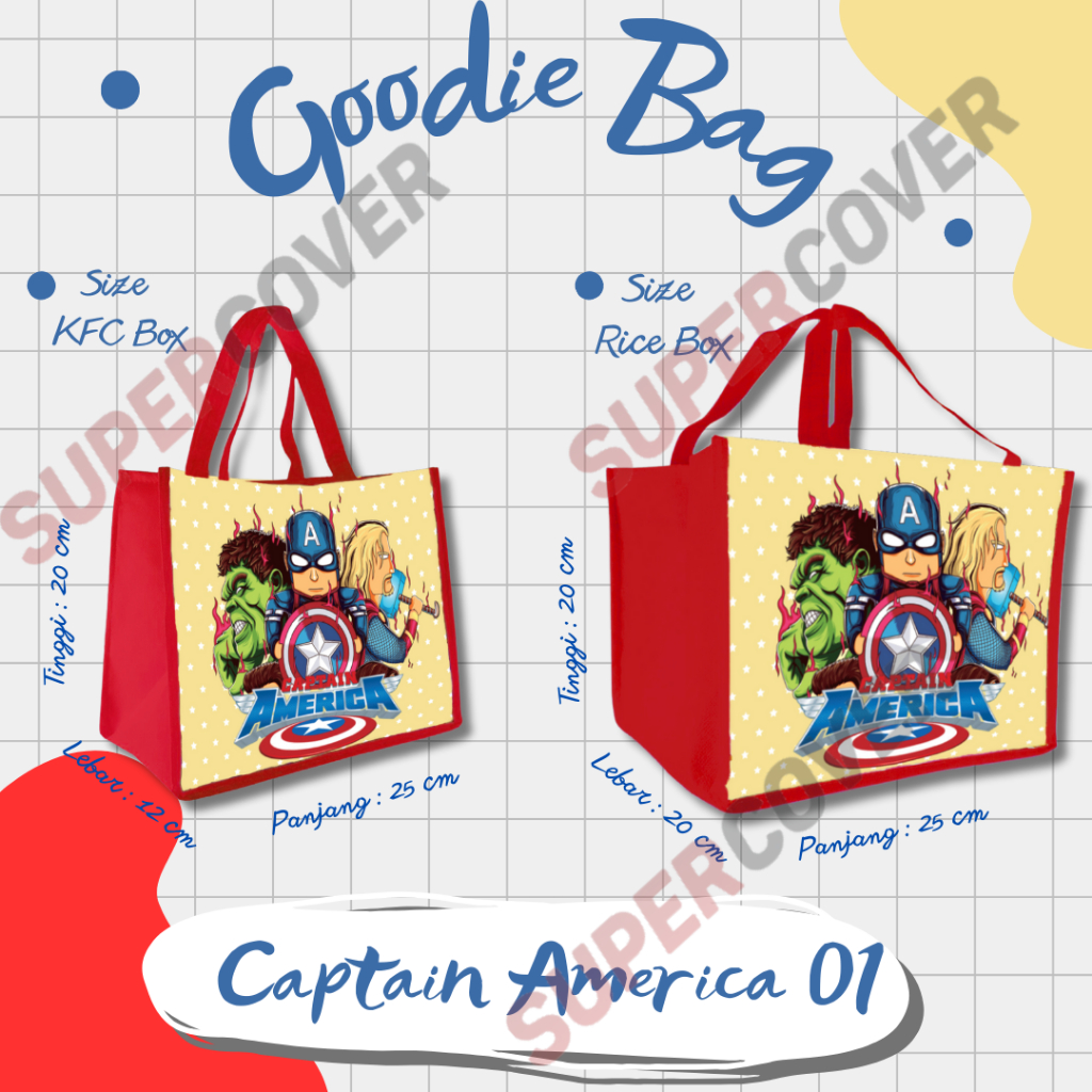 

Goodie Bag Gambar Kartun Captain America 01 Warna Merah Untuk Acara Ulang Tahun, Aqiqah, Sunatan Dan Lain lain.