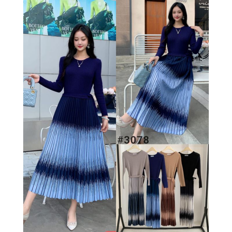 MIDI dress wanita Rajut salur mix plisket premium