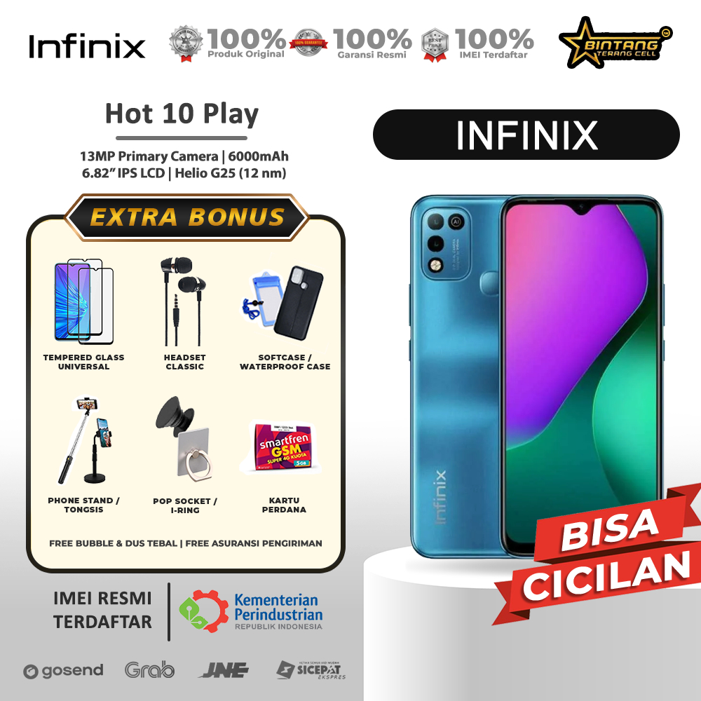 Infinix hot 10 play Ram 3+32Gb batterai 6000mah Garansi Resmi