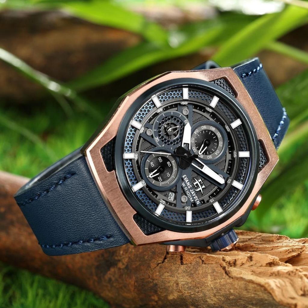 Jam Tangan Pria Evans Jayden 9585 Original Sapphire Tali Kulit Plus Box,Kartu Garansi