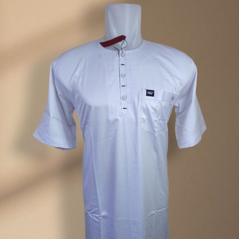 Gamis Oblong Al Wafa Putih lengan pendek bahan satin Korea | Jubah Muslim Oblong Lengan Pendek Al Wa