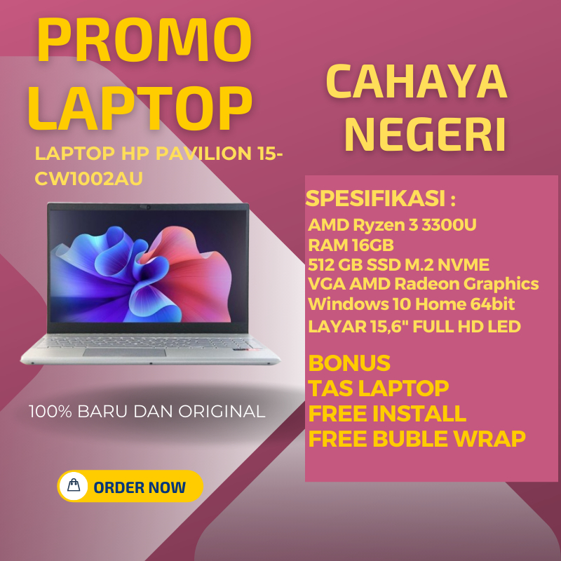 PROMO LAPTOP HP Pavilion 15-CW1002AU AMD Ryzen 3 RAM 16GB SSD 512GB windows 10 original free TAS
