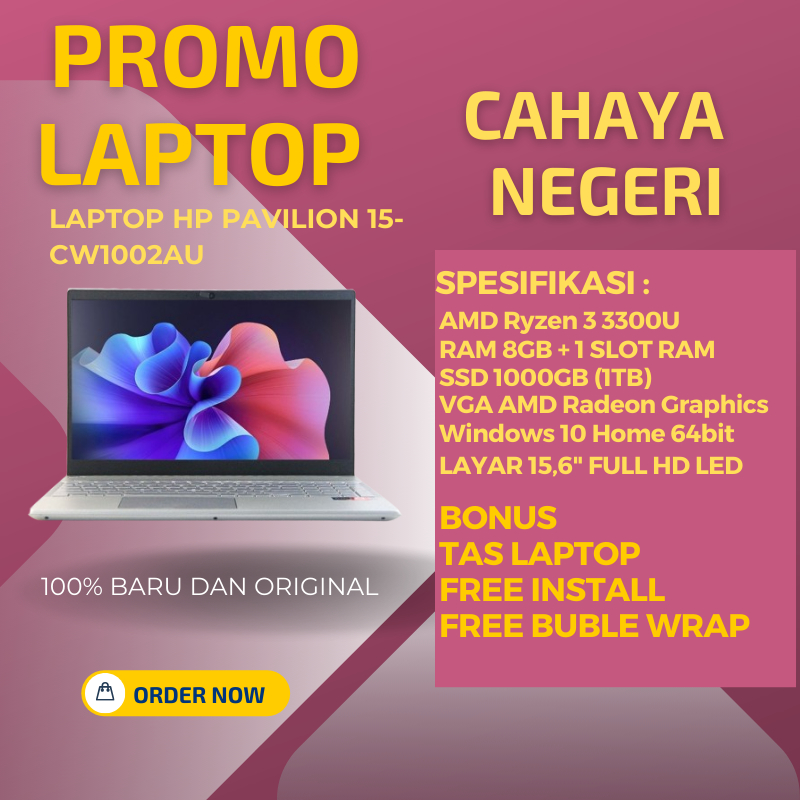 PROMO LAPTOP HP Pavilion 15-CW1002AU AMD Ryzen 3 RAM 8GB SSD 1000GB windows 10 original free TAS