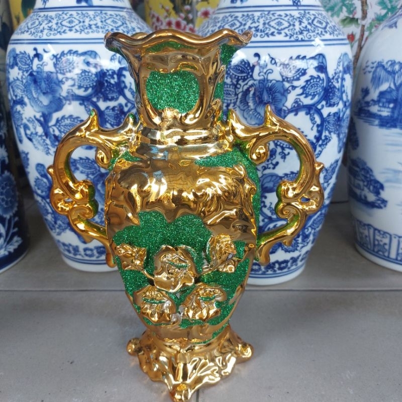 vas bunga keramik tinggi 30 cm/vas meja hijau gold