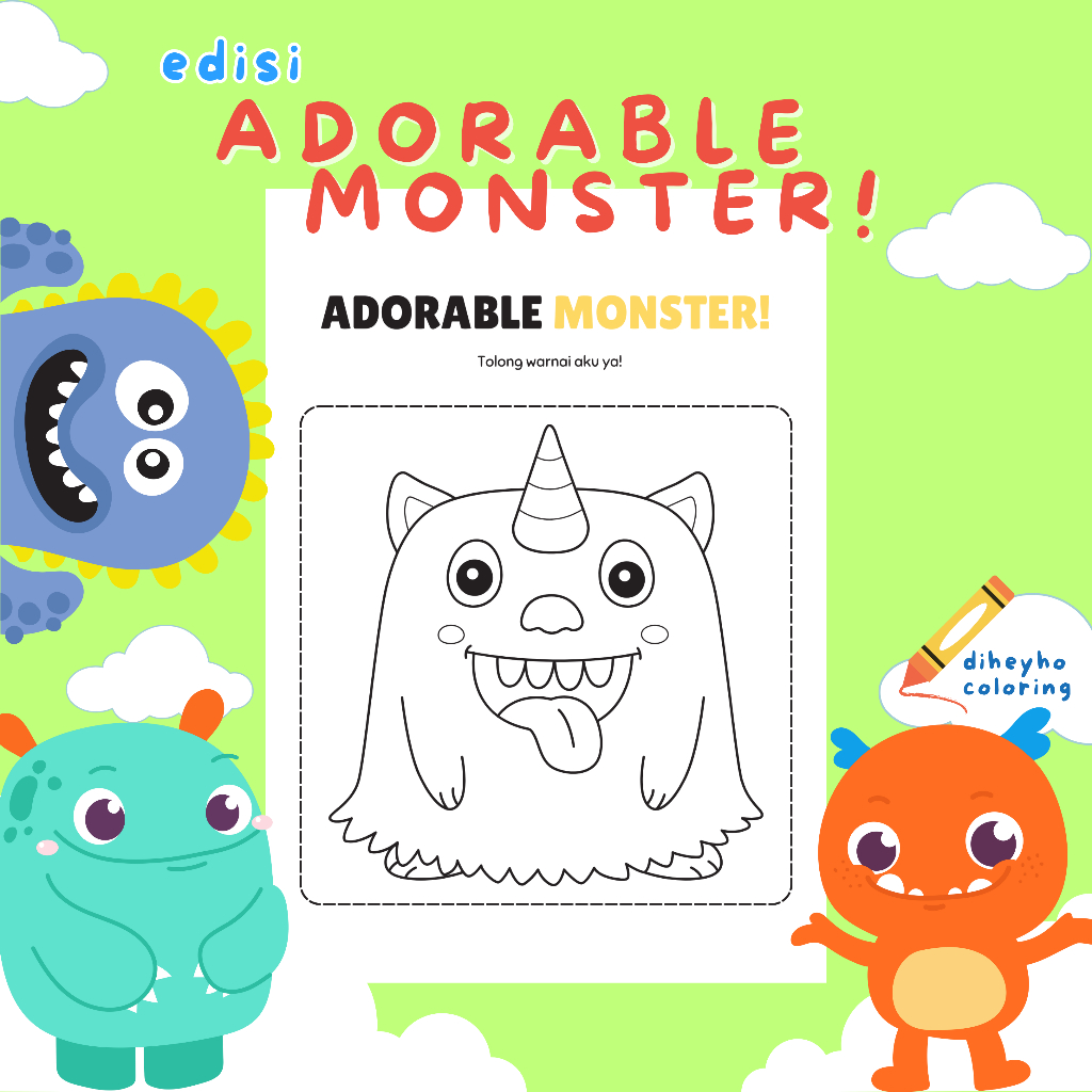 

LEMBAR MEWARNAI / KERTAS GAMBAR ANAK LUCU EDISI ADORABLE MONSTERS