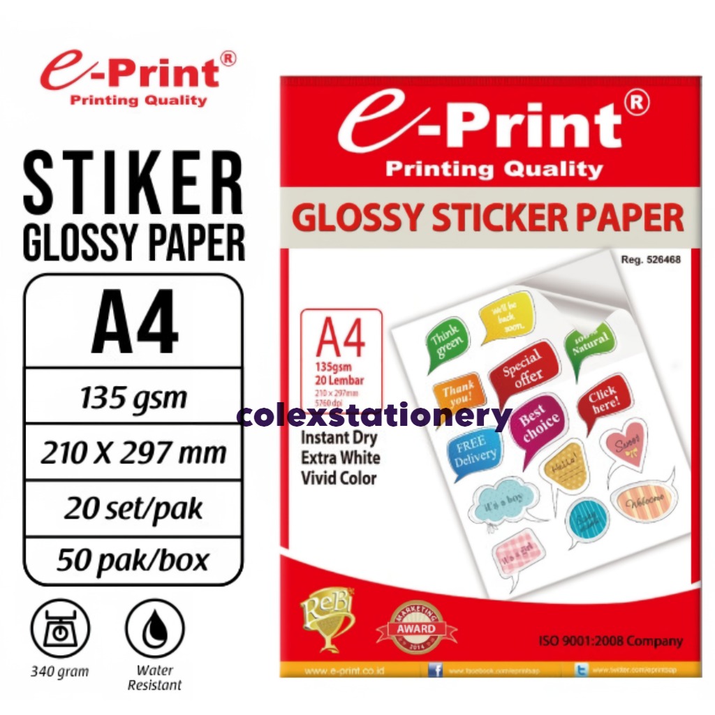 

[1 BUNGKUS] Kertas Foto Glossy Sticker Ukuran Premium 135 Gsm Isi 20 Sheets E-print