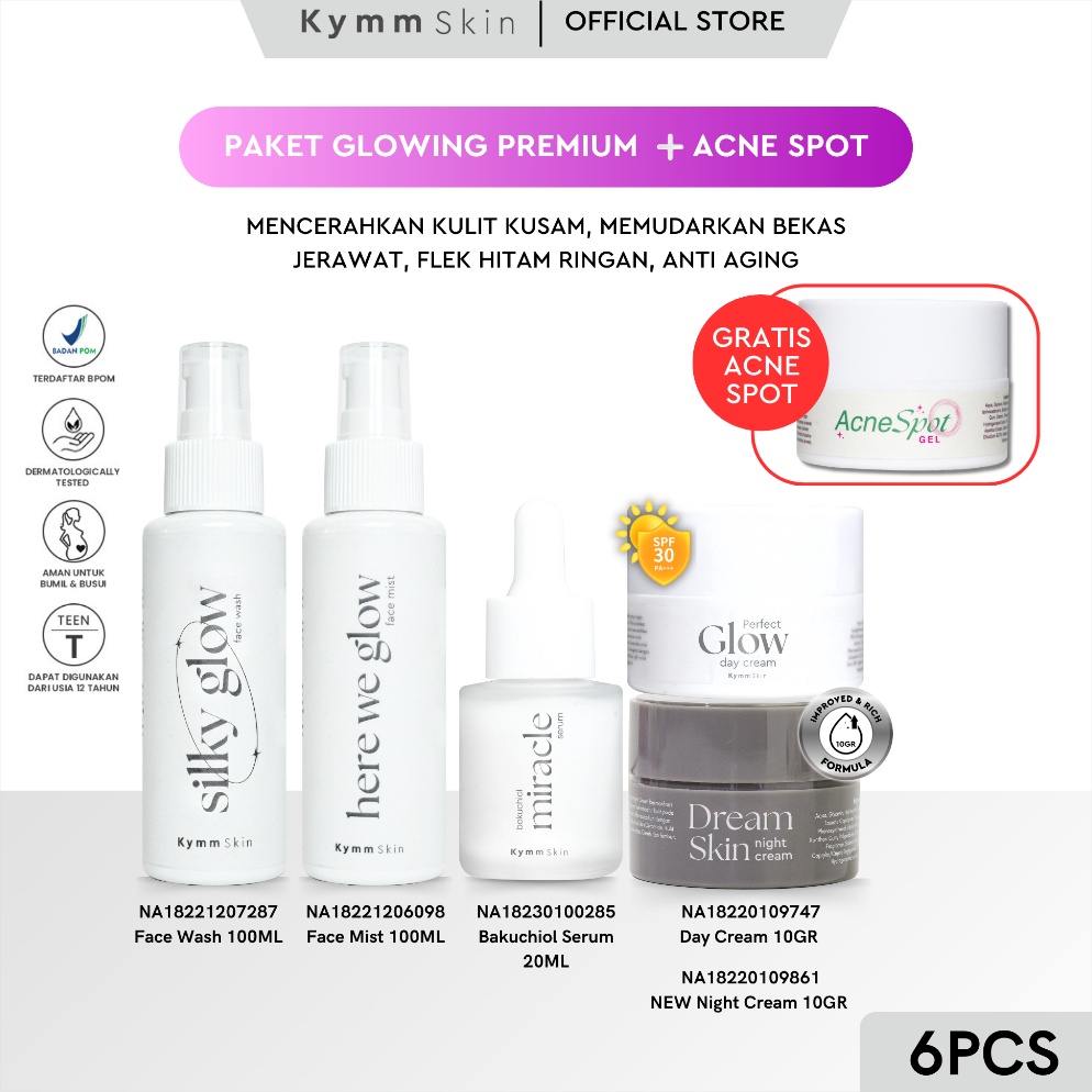 Terbatas KYMM SKIN Paket Glowing Premium  Free Acne Spot Gel Face Wash Day Cream 1GR Face Mist Bakuc