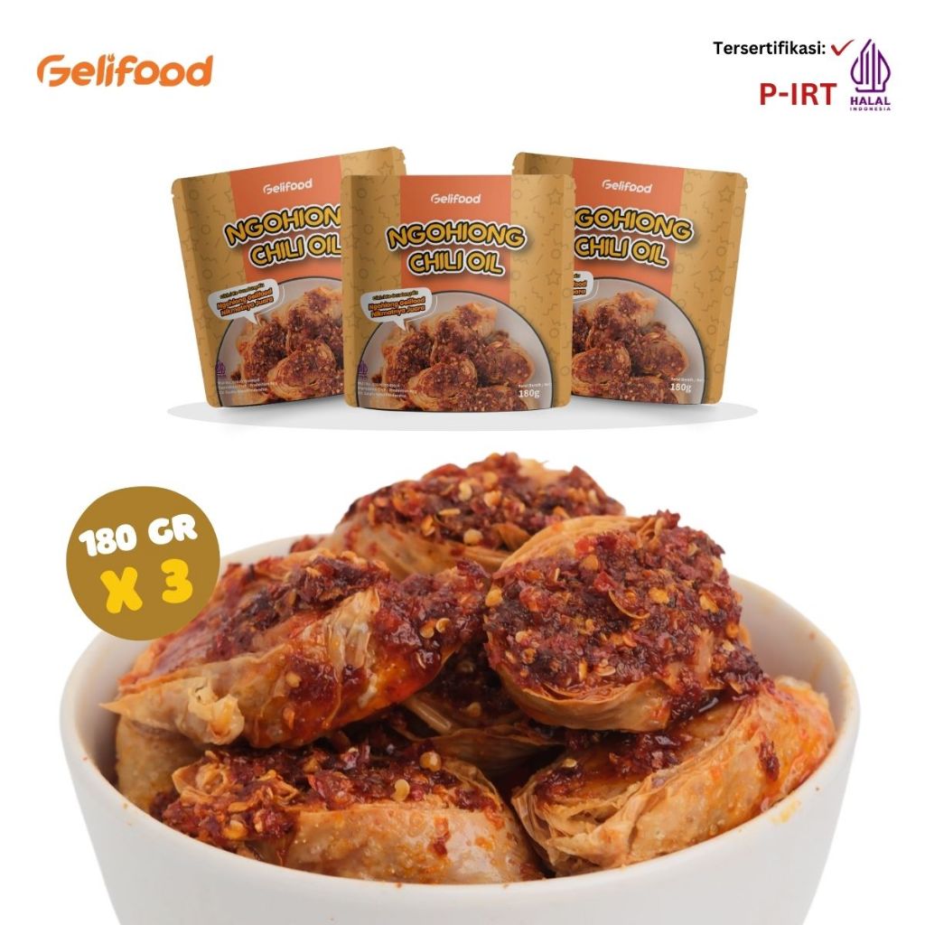 

Gelifood - Paket 3 Pcs Gohyong Ayam Frozen Ngohiong Makanan Instant Halal Pedas Chilli Oil Kuah Cuko 180gr / Kemasan