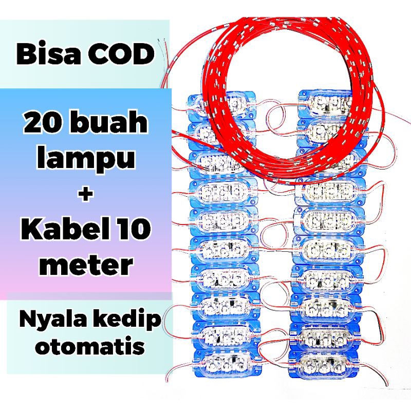 20 buah lampu ultrasonic 3 mata kedip otomatis dan kabel 10 meter LED kedip otomatis 12 volt 24 volt