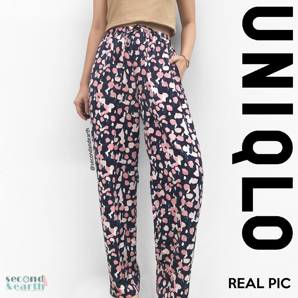 Uniqlo Jogger Pants (XS-M) Celana Panjang High Waist Kulot Loose Wide Leg Satin Multi Warna Prints N
