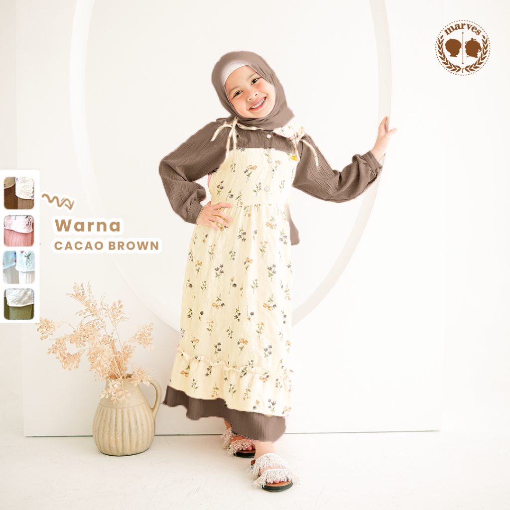 MARVES Noura Baju Gamis Anak Perempuan Set Hijab Bahan Crinkle Usia 1 Hingga 14 Tahun-Cocoa Brown