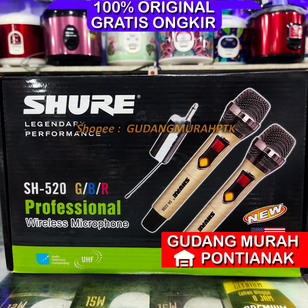 Mic Shure Wireless Dual Mic 2 mic Tanpa Tali Charge baterai  dan AA Suara bersih jernih dan Nyaring 