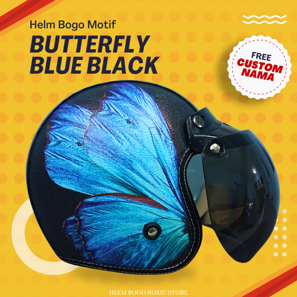 Helm Bogo Motif Butterfly Black Blue Kupu Biru Hitam | Hlem Retro Custom Klasik Anak Cewek Wanita Re