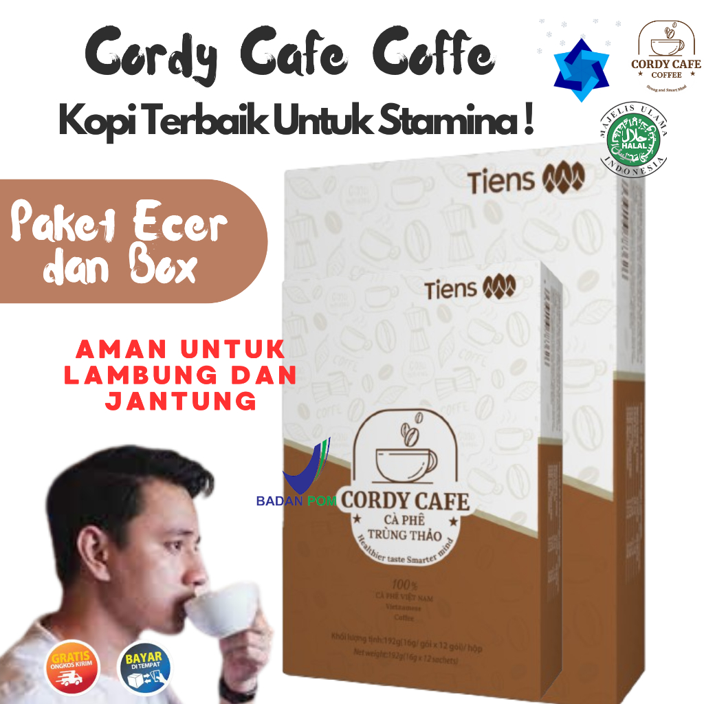 

(COD) Cordy Coffe Cafe Kopi Tiens Dengan Jamur Cordyceps Biji Arabika Dan Robusta Ginseng Panas Premium Penunjang Stamina Serta Daya Tahan Tubuh Creamer Varian Saset Dan Box