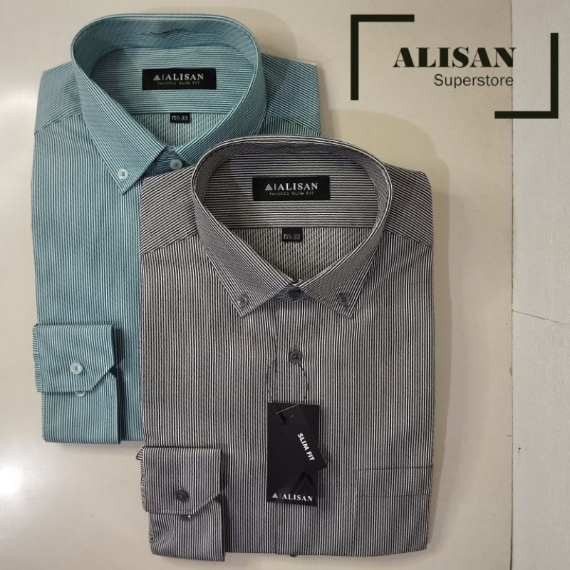 Alisan Kemeja Pria Motif Salur Kecil Hijau/Hitam Lengan Panjang Slimfit
