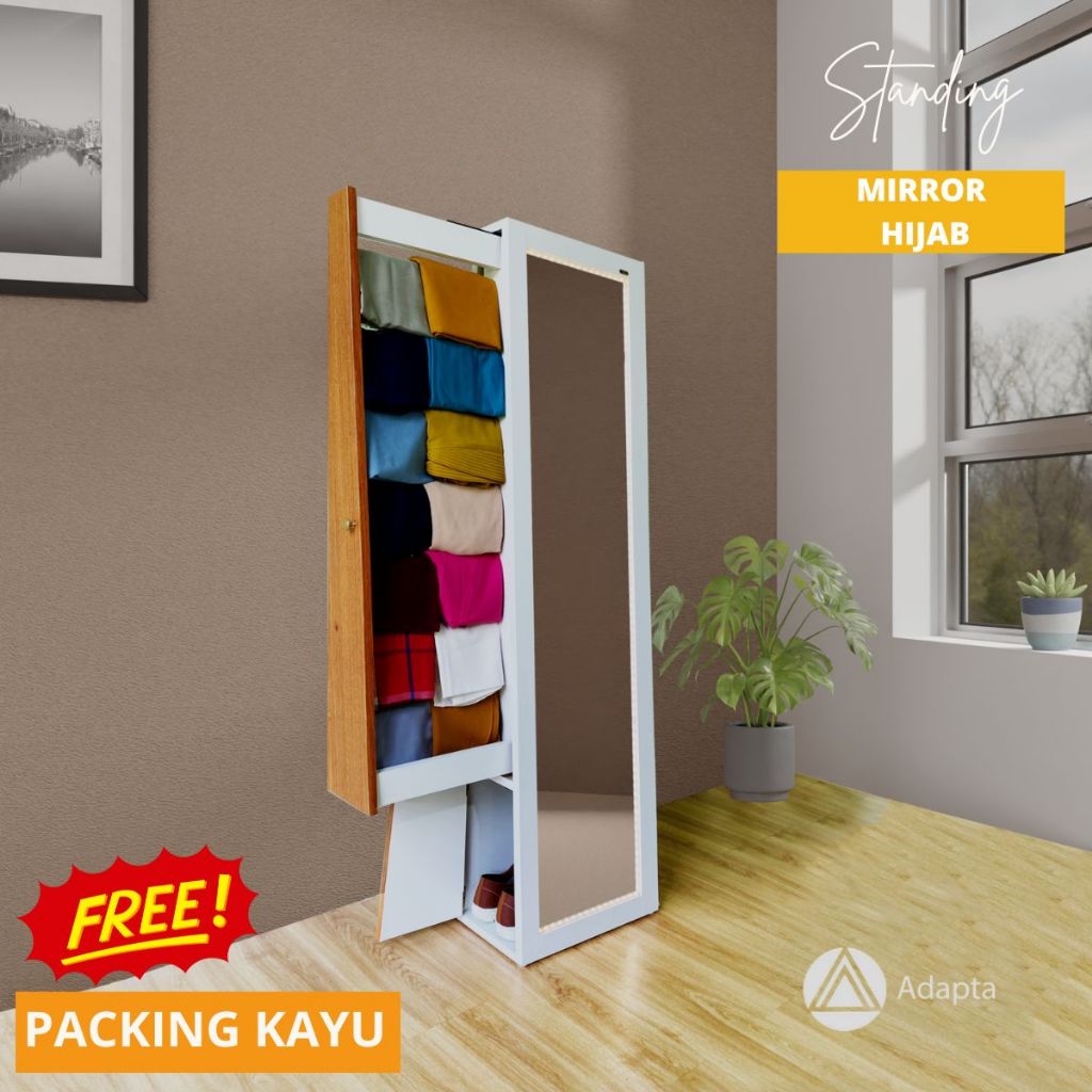 Adapta - Standing Mirror Full Body dengan Storage Hijab - Cermin Berdiri Rak Hijab + LED - MIRA - A1
