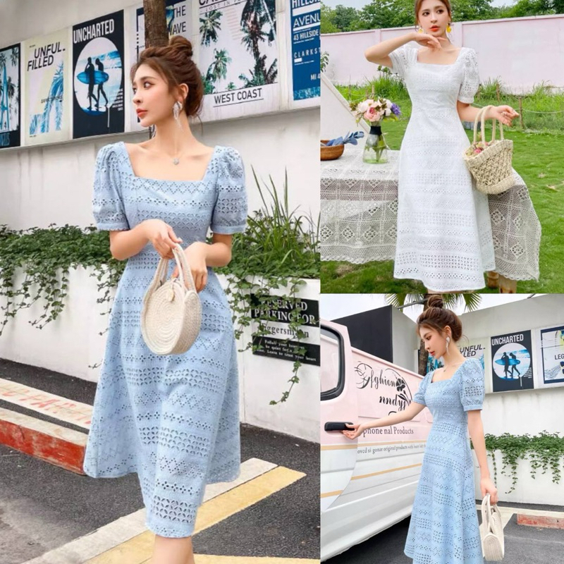 D1563 SOBIZI KOREAN STYLE KATBOL COTTON EYELET VINTAGE MIDI DRESS SIMPLE POLOS