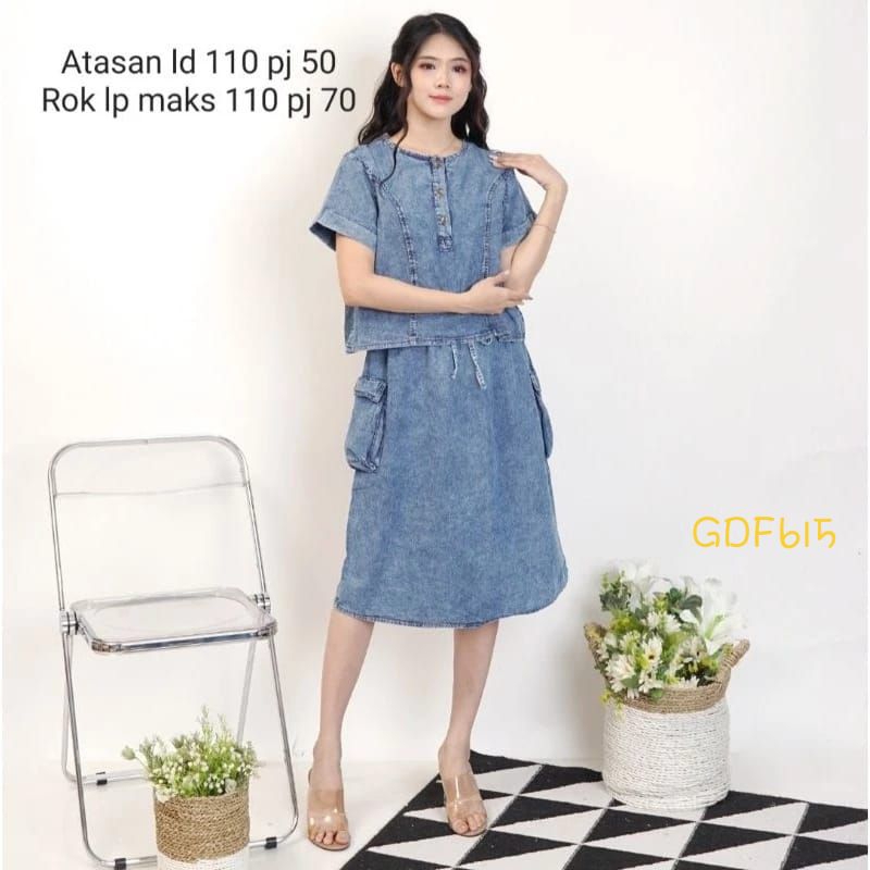 GDF615 Setelan Wanita Jeans Denim Jumbo Rok Atasan kancing LD110 bawahan rok midi pinggang karet