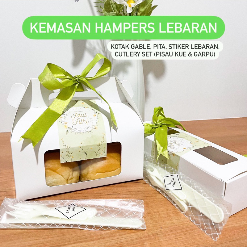 Gift Box hampers lebaran + stiker + pita + cutlery set / Kotak Hadiah Ramadan lengkap / Kemasan tent