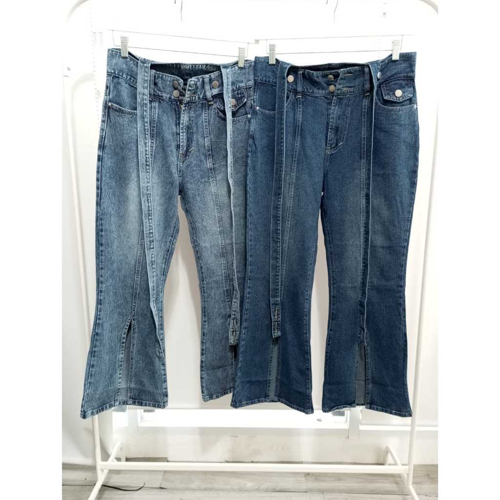 Celana Jeans Cutbray Kodok Pinggang Dengan Tali Bahu Dua Sisi Wanita