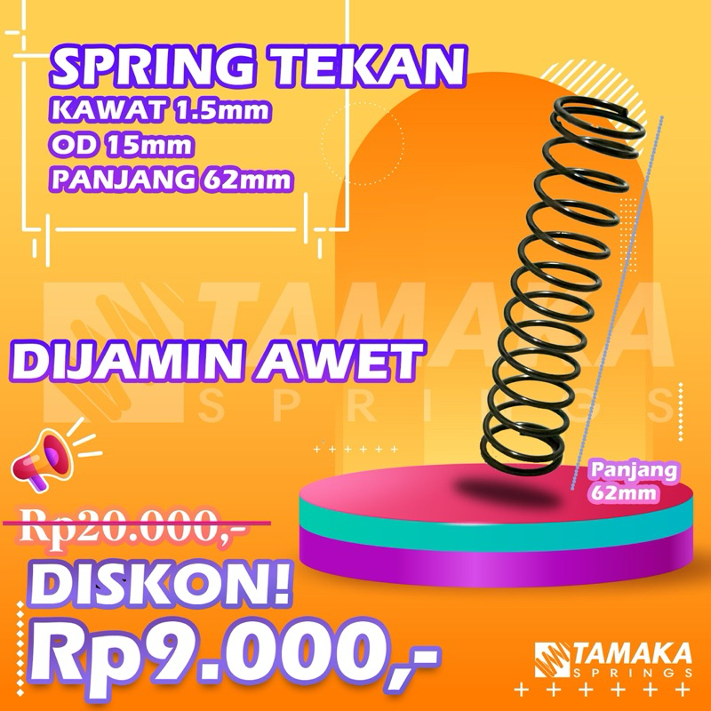 Per Spring Pegas Tekan OD 15mm Kawat 1,5mm Panjang 62mm Baja