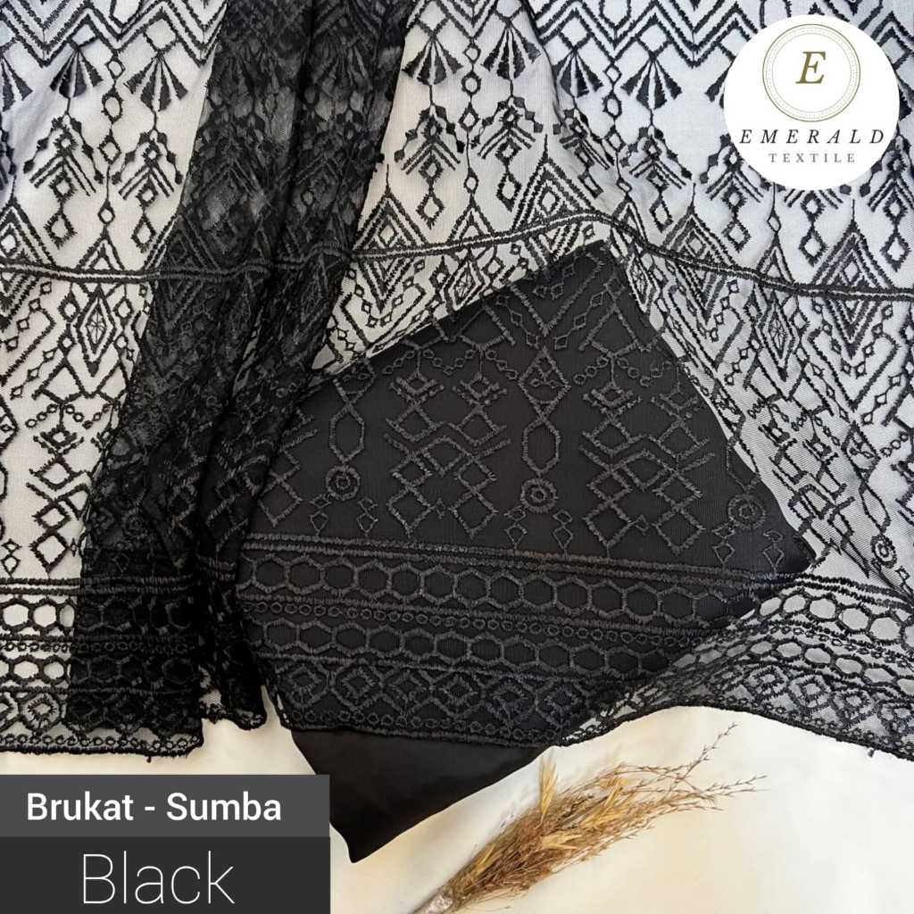 SETENGAH METER Kain Brukat Tile Pranci Bahan Kebaya Motif Sumba - Black ( HARGA PER 50cm KAIN )