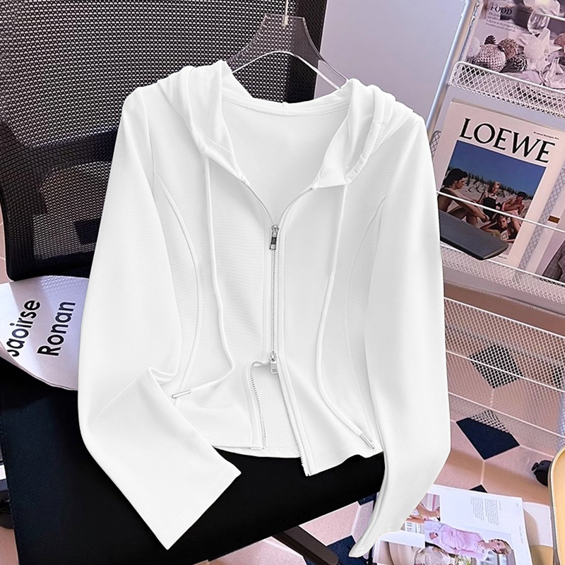 Sweater Hoodie Pendek Lengan Panjang Ritsleting Ganda Warna Putih Atasan Cardigan Fashion Gaya Korea