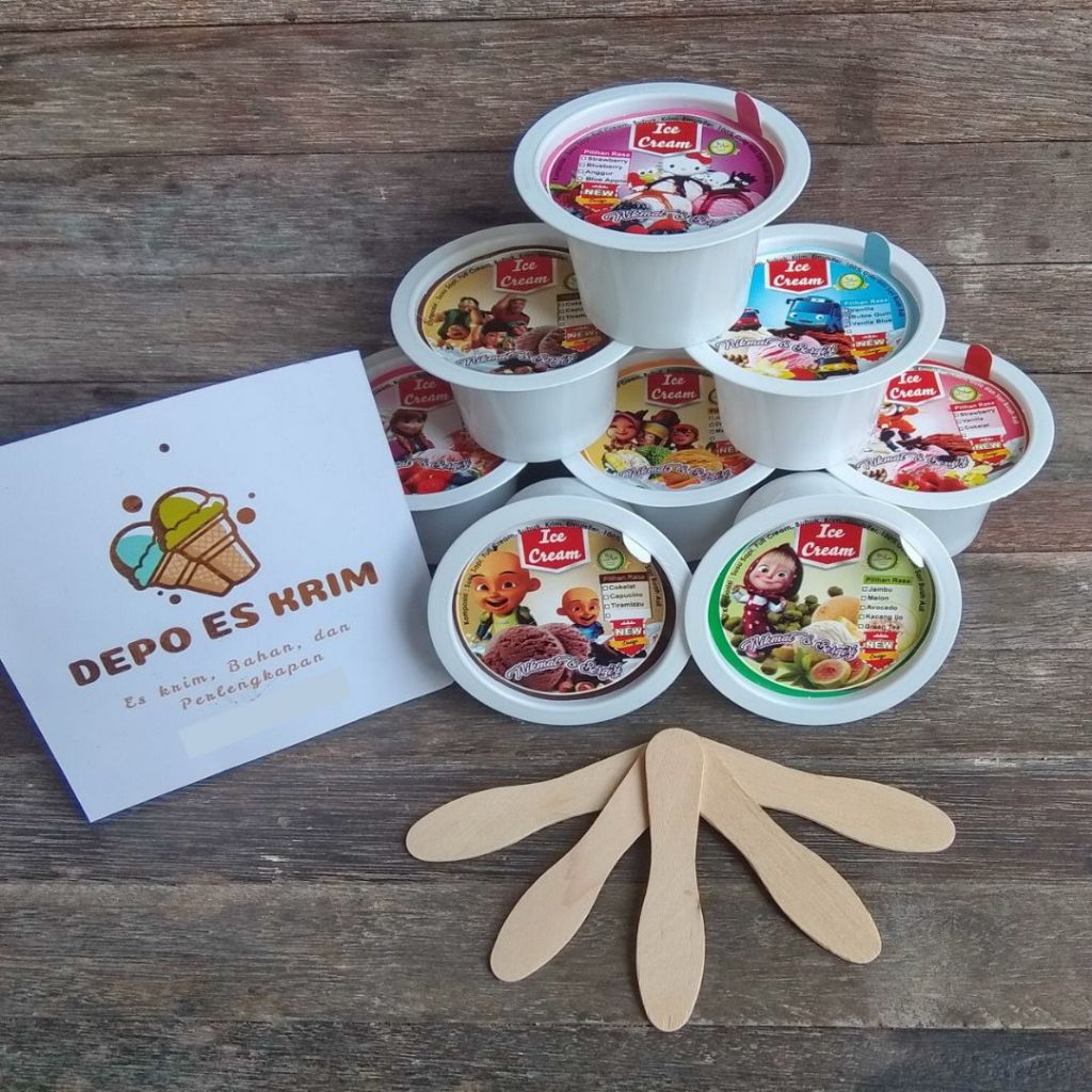 Paket Cup Es Krim 60 ml Plastik Putih (Ice Cream Puding Jelly Agar-agar Cup) Lengkap Tutup Sendok Mu