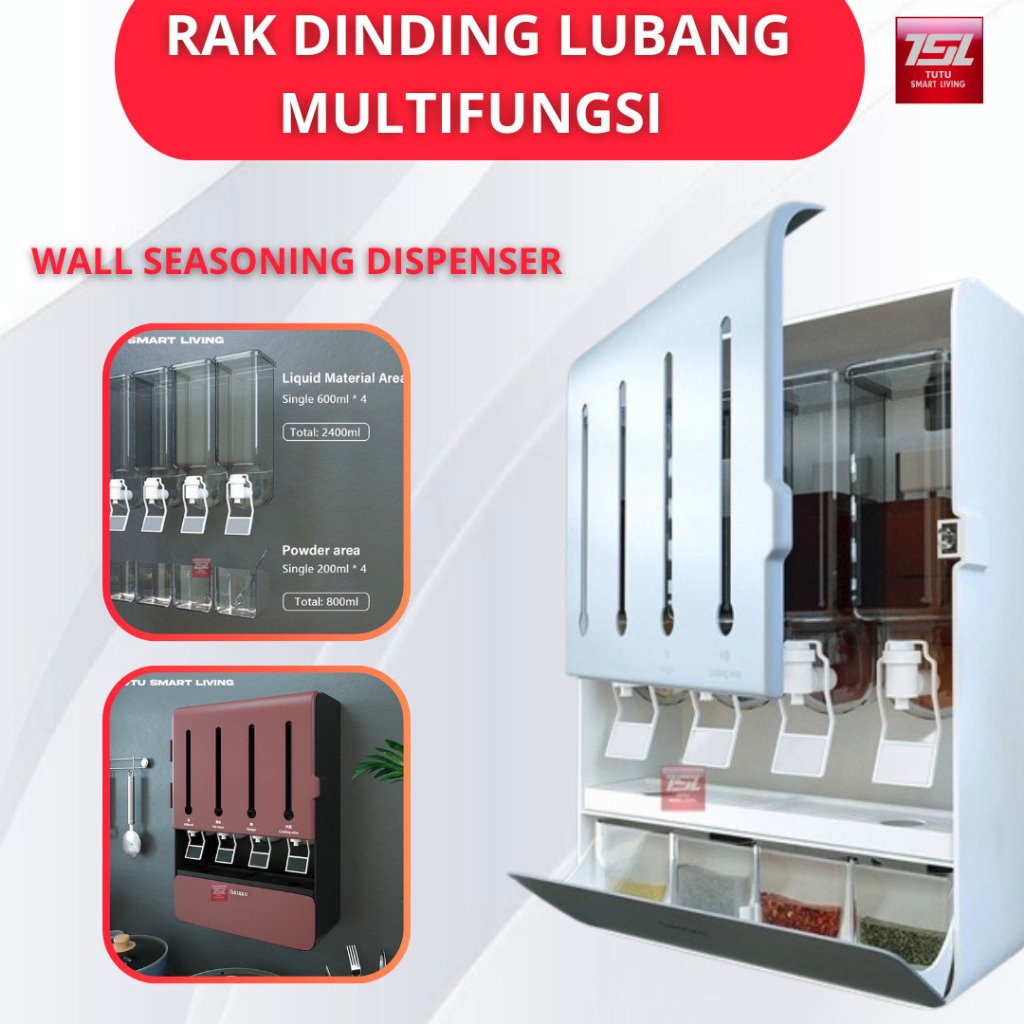 TUTU Tempat Rak Bumbu Dapur Gantung / Dispenser Kotak Bumbu Dapur Tempel Dinding Minyak Saus Kecap S