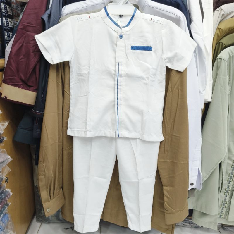 Baju Koko Stelan Anak Balita, Al-Luthfi / NZ-Bear Putih BW Lengan Pendek Bahan Katun Adem