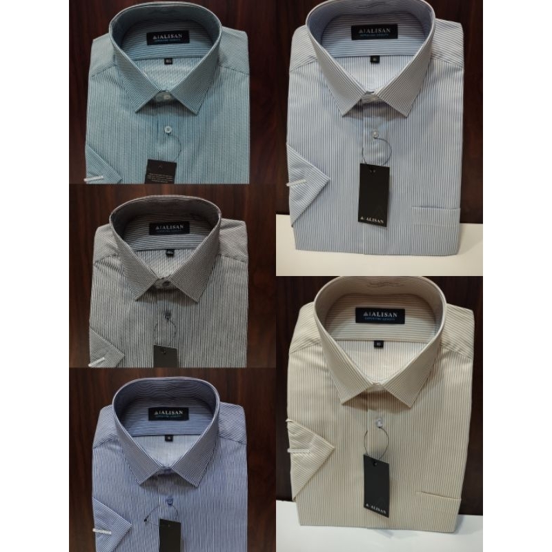 Alisan Kemeja Formal Pria Motif Salur Lengan Pendek Reguler