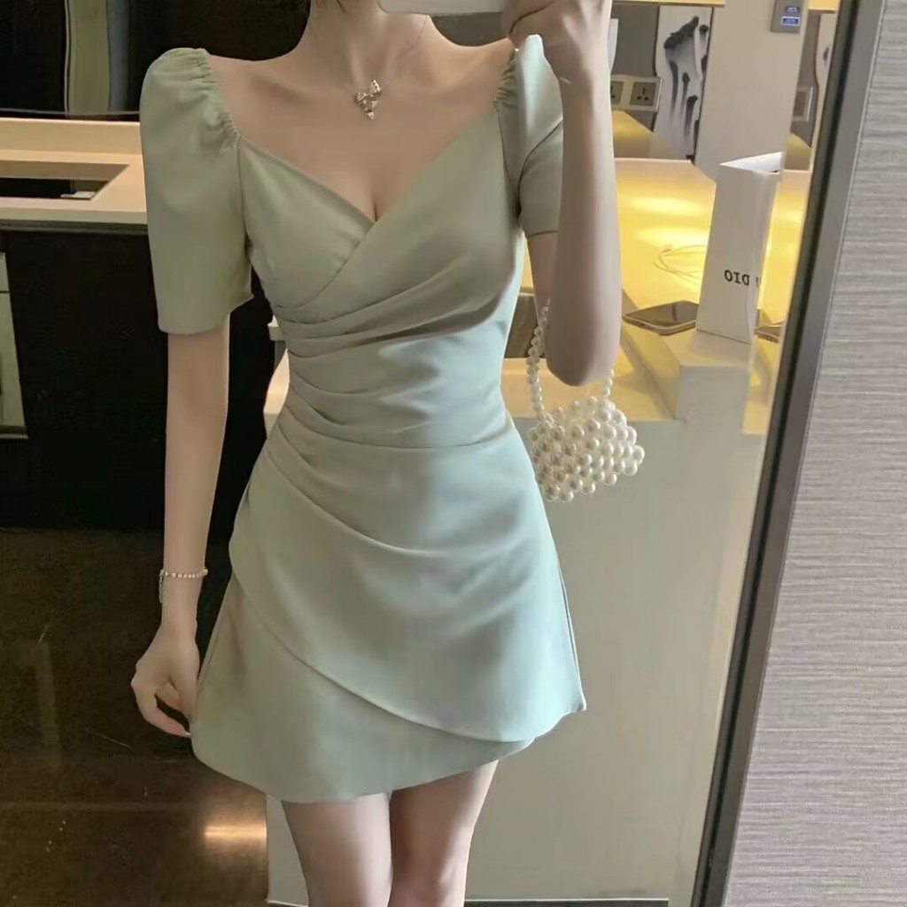 8806 Hijau Sage Green Dress Korean Style Vintage Jumbo Big Size Bodycon Cute Mini Dress Press Body W