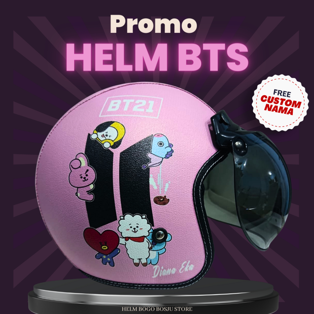 Helm Bogo Motif BTS Pink | Custom Warna Nama | Helem Retro Klasik Anak Cewek Wanita Remaja Dewasa | 