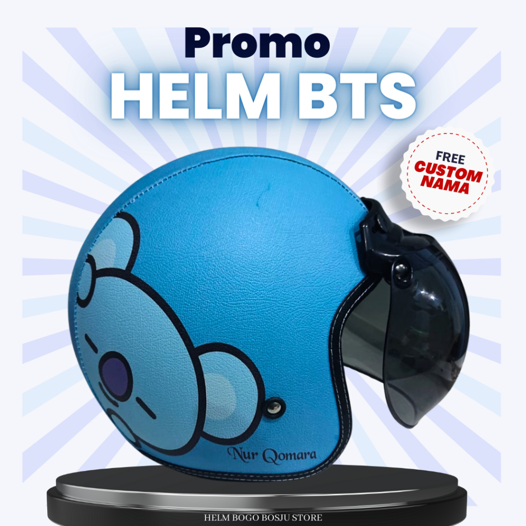Helm Bogo Motif Boneka BTS Warna Biru Blue | Custom Warna Nama | Helem Retro Klasik Anak Cewek Wanit