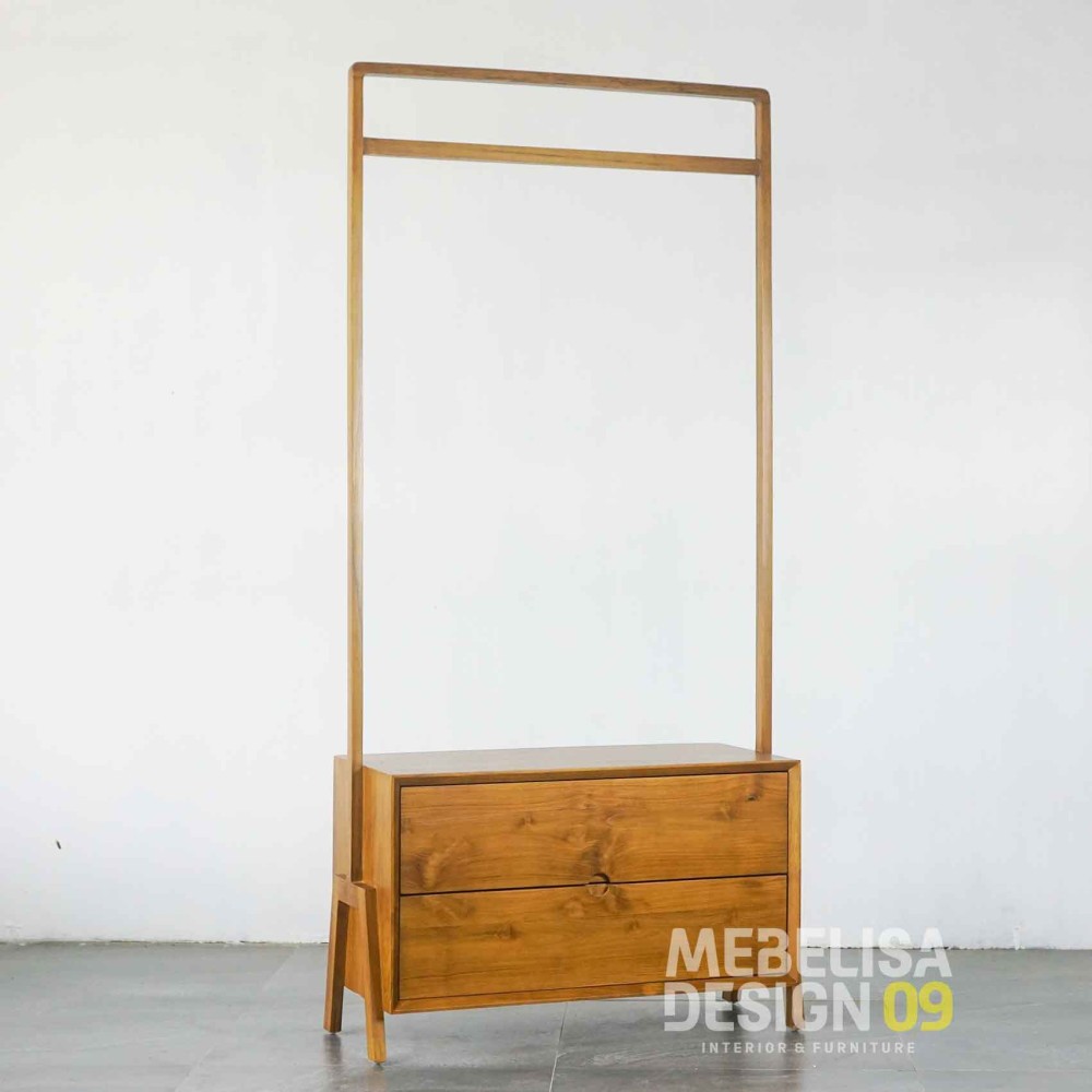 Rak Tempat Gantungan Baju Kayu Jati Solid 2 Laci