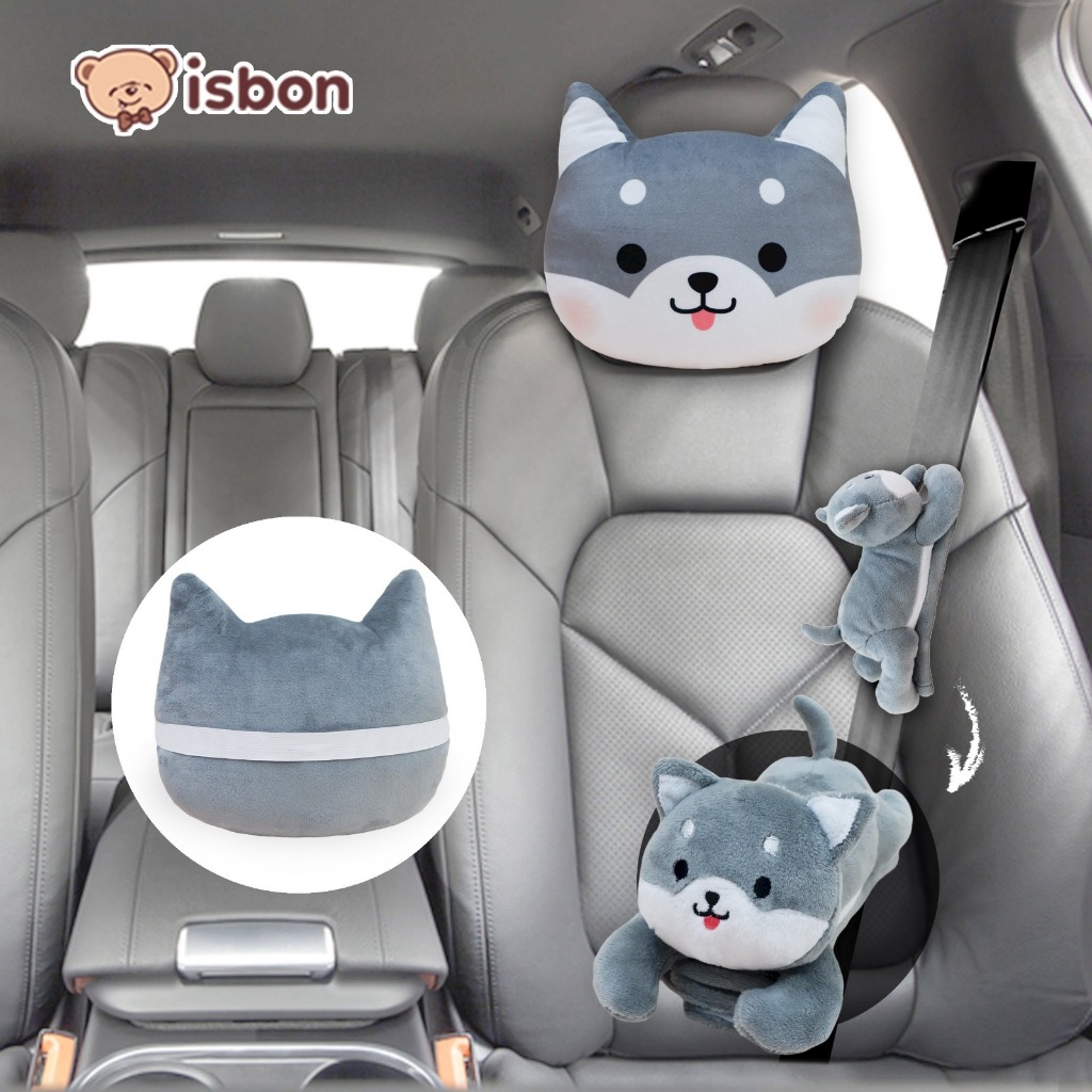 Boneka bantal mobil dog husky grey dan sabuk pengaman sealt belt anjing husky warna abu-abu lucu bah