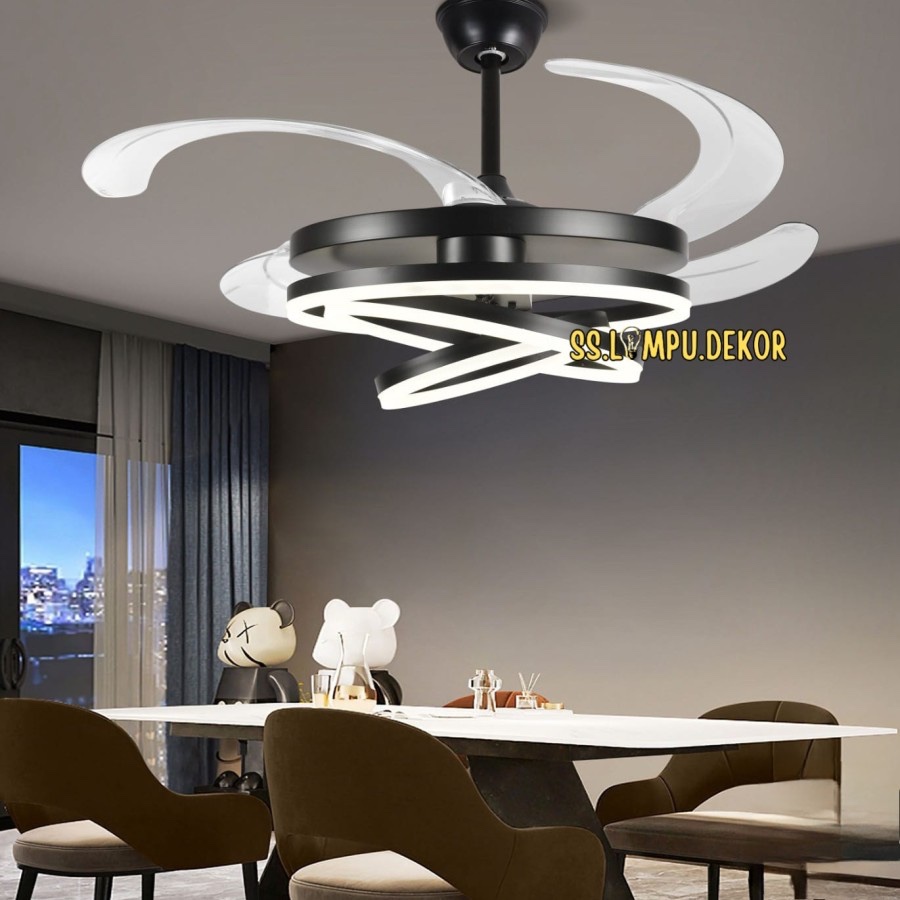 Kipas Angin Lampu Gantung LED Remote Ring Hitam Mewah Kaca