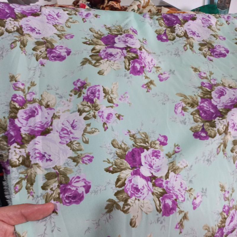 Murah Kain Woolpeach/Wolfis /Wolvis Bunga MAWAR ungu hijau mint cantik kebaya gamis dress dll -50cm