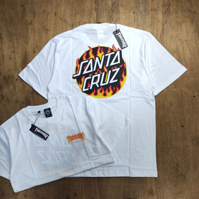 KAOS OVERSIZE THRASHER X SANTA CRUZ FLAME FONT LOGO BASIC PRINTED WHITE TEES BESTSELLER