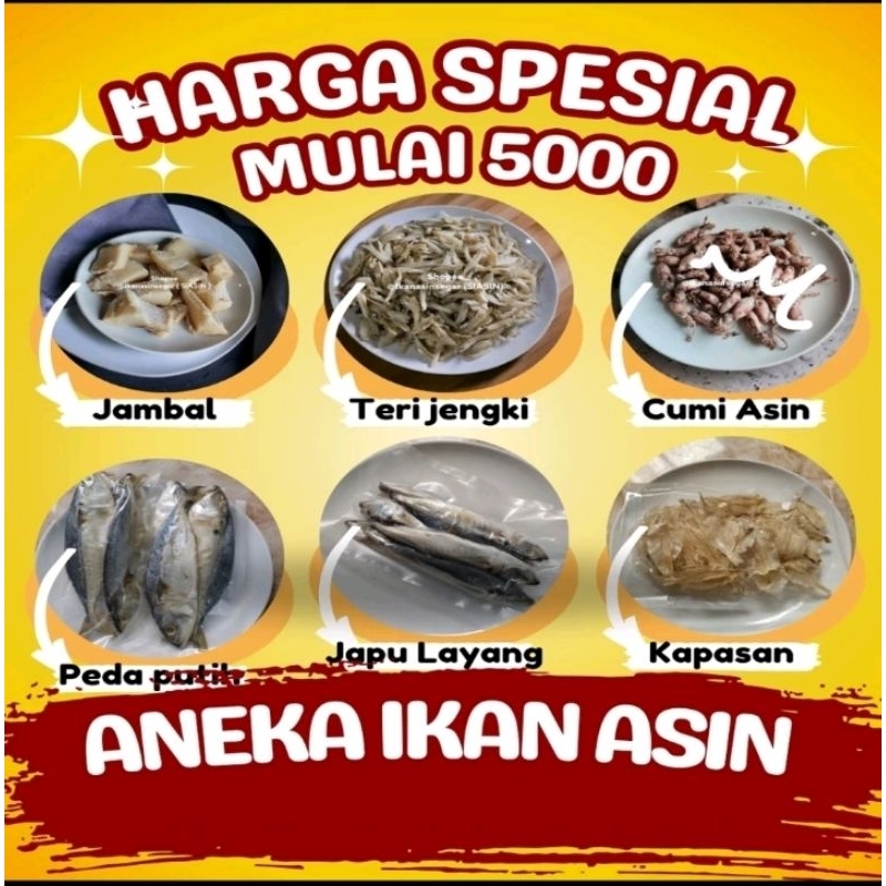 

IKAN ASIN MURAH 10RB BABY CUMI DENDENG MANIS BULU AYAM UDANG EBI PEDA KEMBUNG TERI NASI MEDAN