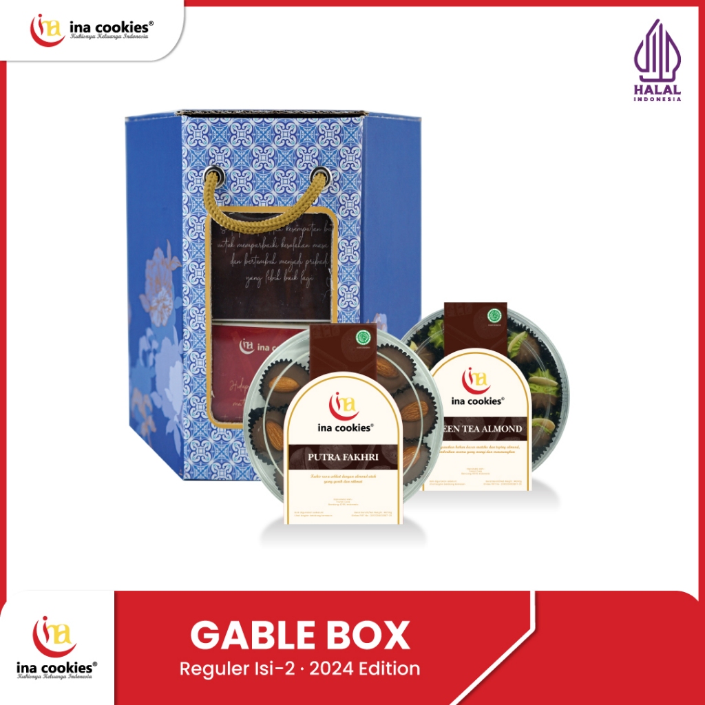 

HAMPERS DUA PUTRI Gable Box isi 2 Toples Reguler PUTRI COKELAT + PUTRI KRISPI ABON Kue Kering Premium Ina Cookies