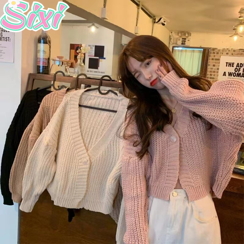SIXI Cardigan Rajut Crop Wanita Knit Sweater Rajut Korea Outer Rajut V Neck